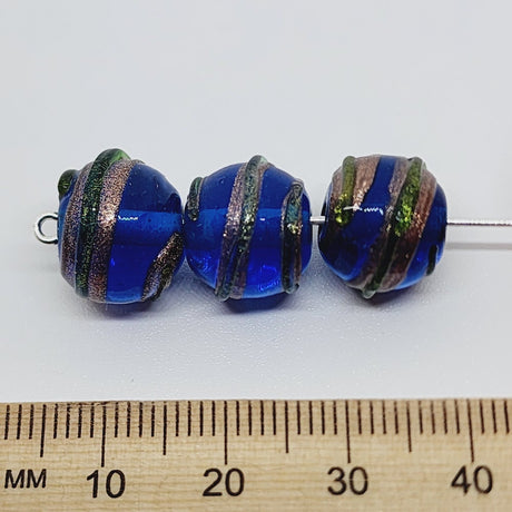 12mm Round (5) - Transparent Capri Blue w. Aventurine - Vintage Indian Lampwork Beads