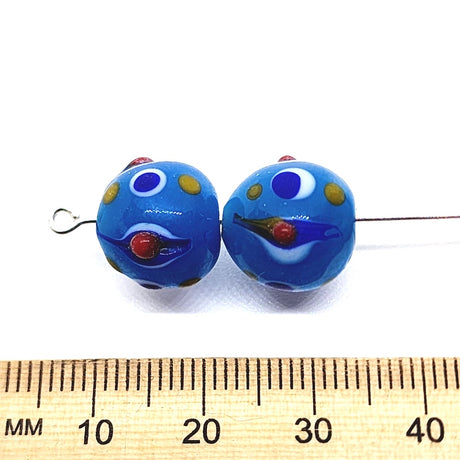 10mm Eye Bead (5) - Blue Opaque - Vintage Handmade Glass Lampwork Beads