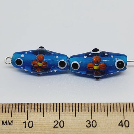 18mm Bicone Eye Bead (5) - Blue Transparent - Vintage Handmade Glass Lampwork Beads