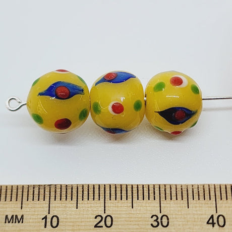 10mm Eye Bead (5) - Yellow Opaque - Vintage Handmade Glass Lampwork Beads