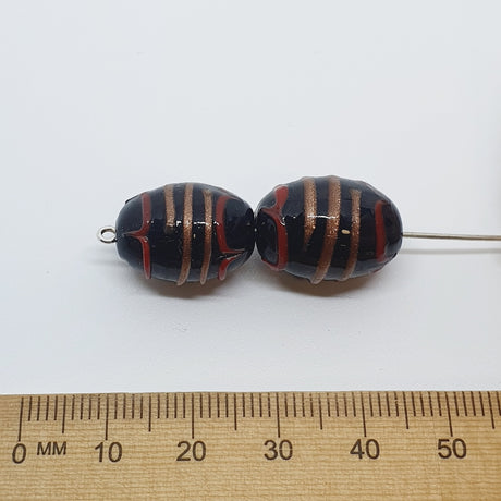 19x14mm Oval (10) - Black Opaque w. Aventurine & Red - Glass Vintage Replica Trade Lampwork Beads