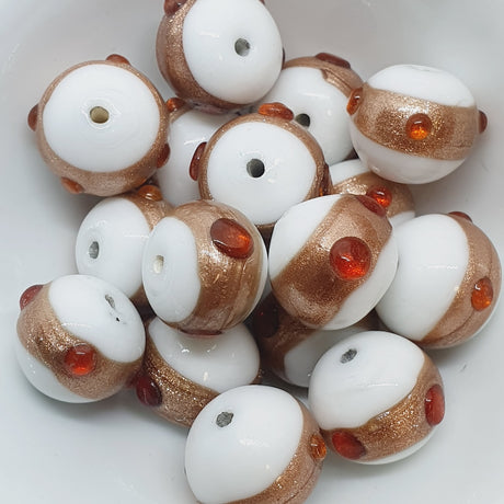 14mm Round (10) - Opaque White w. Aventurine & Orange - Glass Vintage Replica Trade Beads