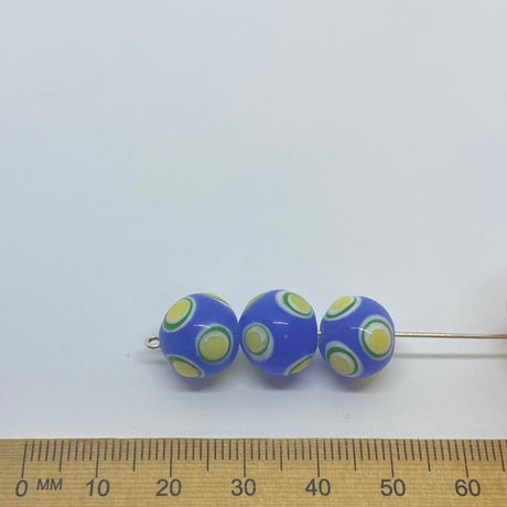 12mm Eye Bead (10) - Opaque Blue w. Yellow - Vintage Handmade Glass Lampwork Beads