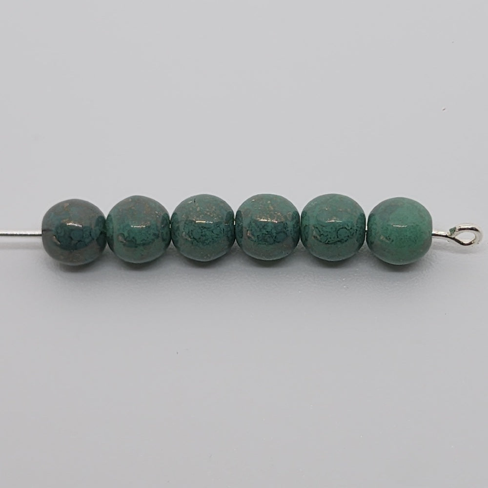 5mm Round Czech Glass Beads (25) - Green Opaque w. Bubble Glaze - Bead Shack